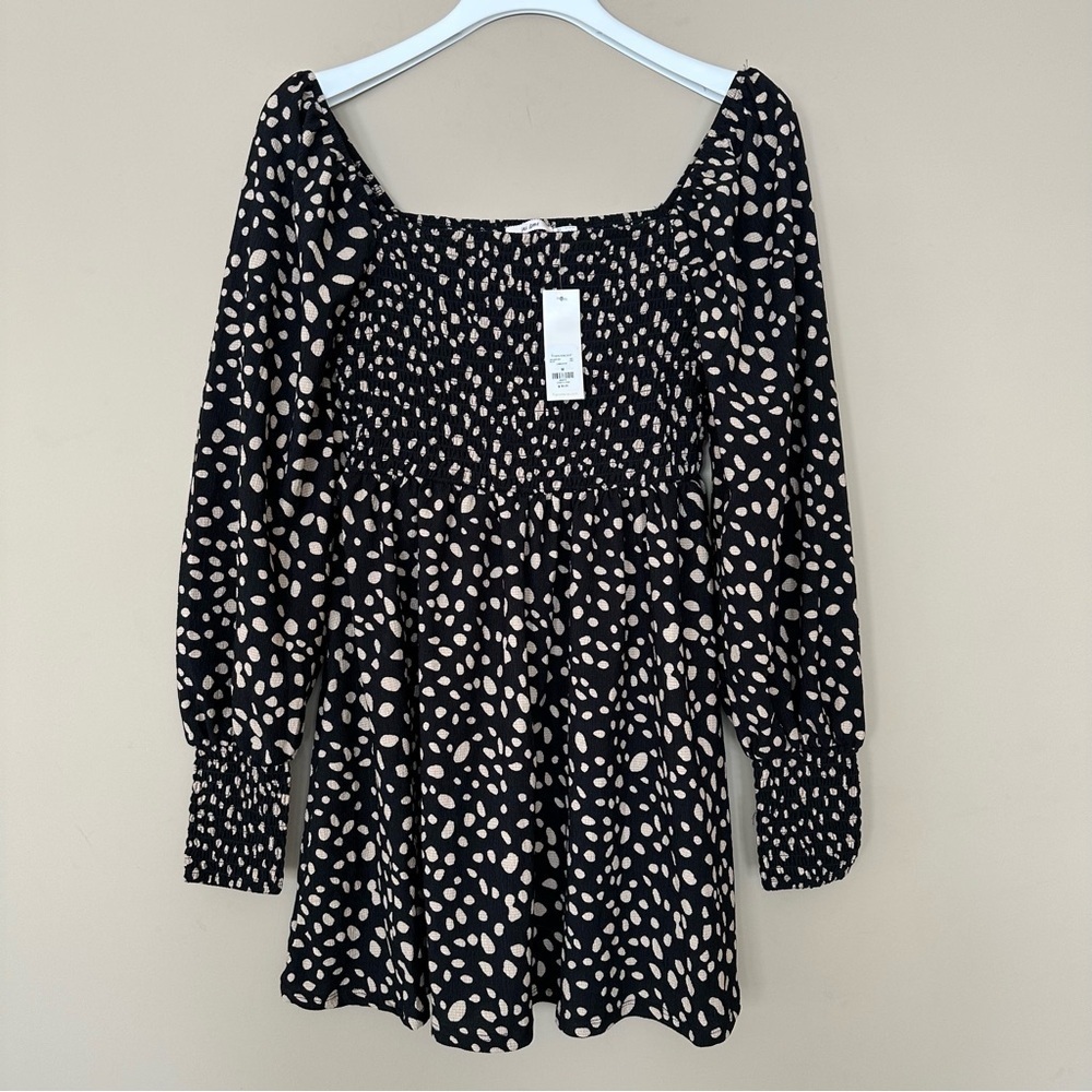 NEW Women M Smocked Top Cottage Long Sleeve Black Dalmatian Balloon Sleeve